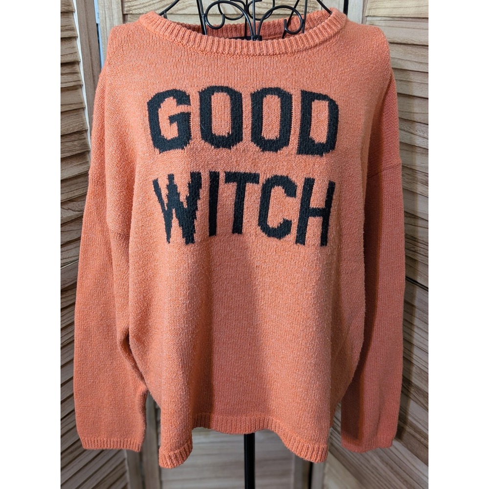 State of Mine Good Witch Orange Halloween Sweater XL Polyester Pullover